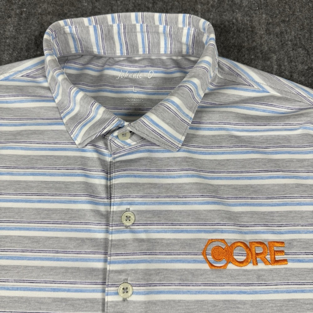 johnnie-O Men's L Performance Polo Shirt Striped CORE Logo UPF 50 Golf Gray Blue